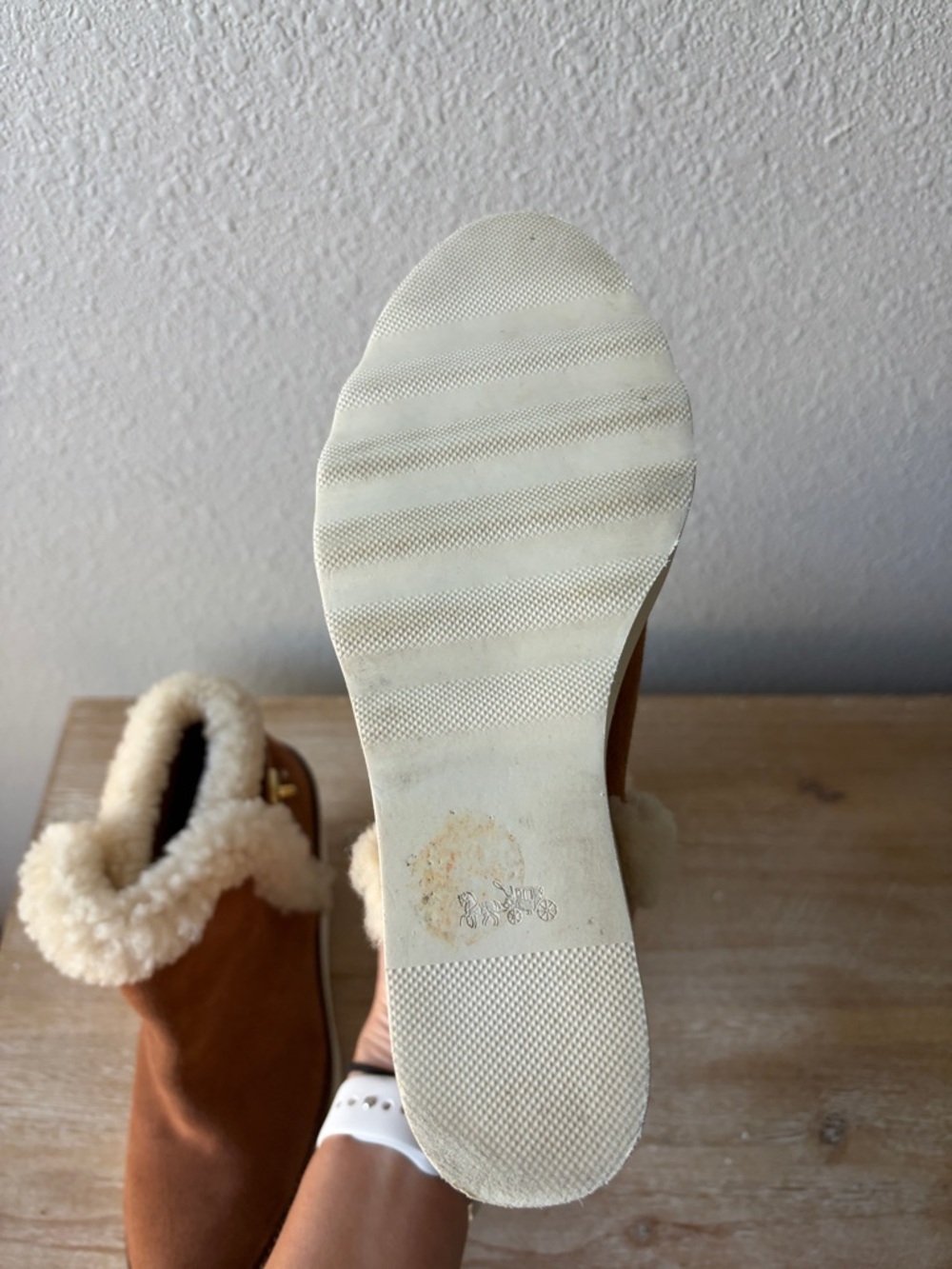 COACH Kingston Tan Suede Wedge Boot with Shearling Trim - Picture 12 of 13